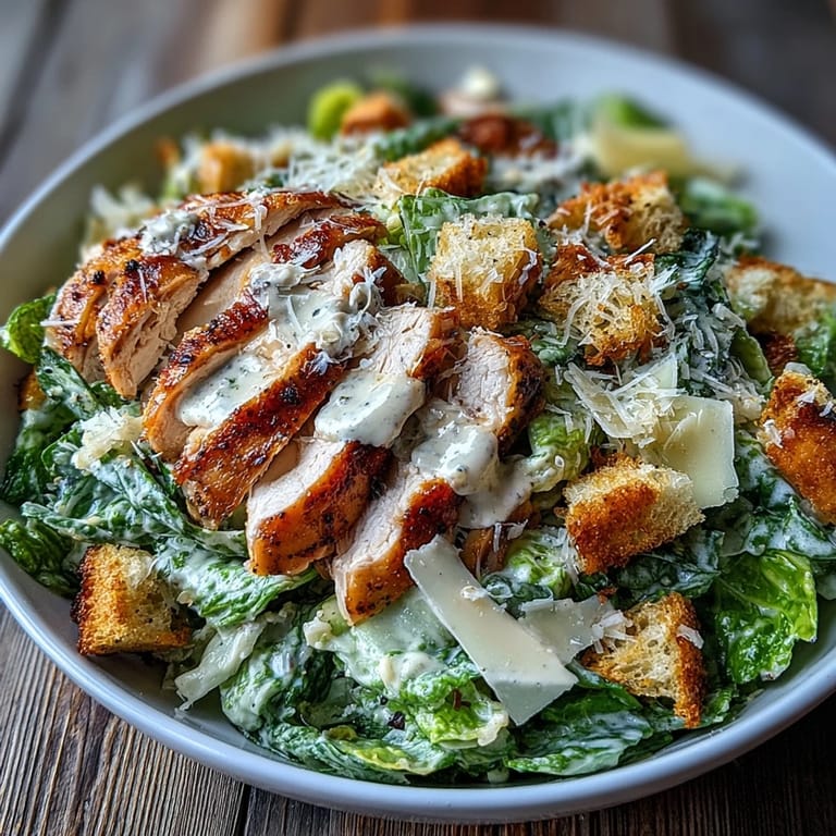 Fresh Caesar Chicken Bowl served over crisp lettuce, topped with warm grilled chicken, parmesan shavings, and golden croutons drizzled with dressing.  