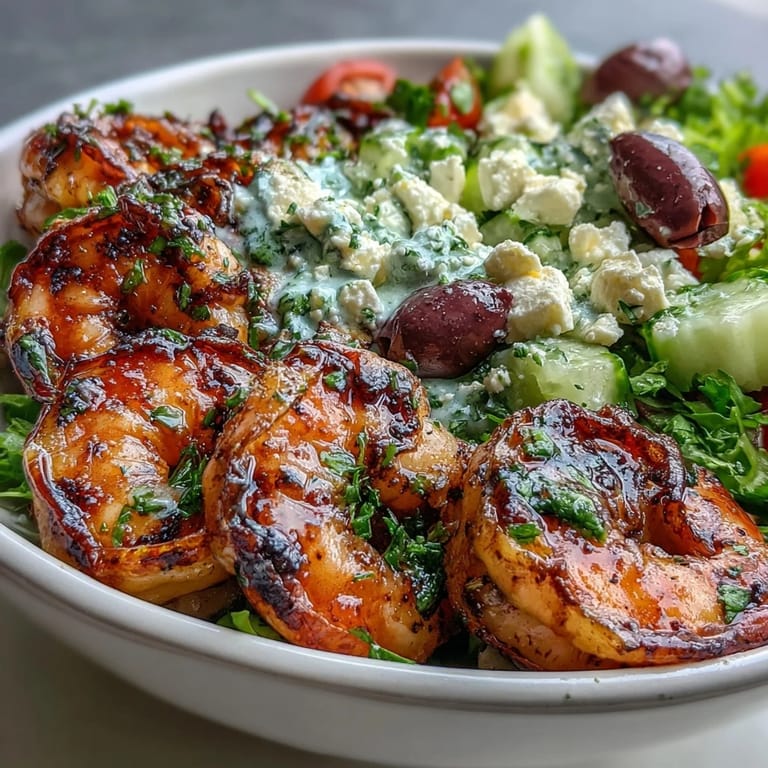 Vibrant Greek shrimp bowl featuring juicy tomatoes, crisp cucumber, and crumbled feta, all tossed in a zesty lemon-olive oil dressing.  