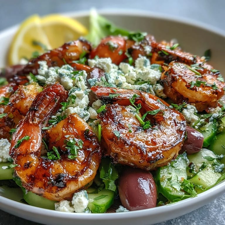 Easy 30-minute Greek shrimp bowl with tender grilled shrimp, briny olives, and fresh vegetables for a healthy Mediterranean main dish.