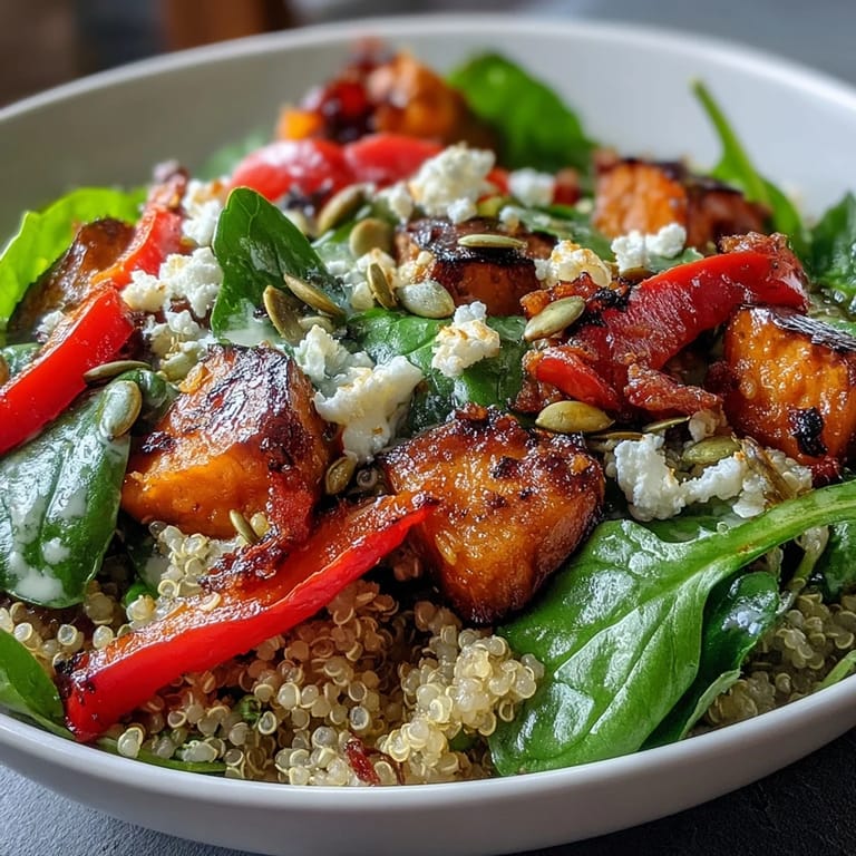 Hearty Warm Salad Bowl featuring quinoa, golden roasted zucchini, and a warm apple cider vinaigrette drizzled over fresh greens.