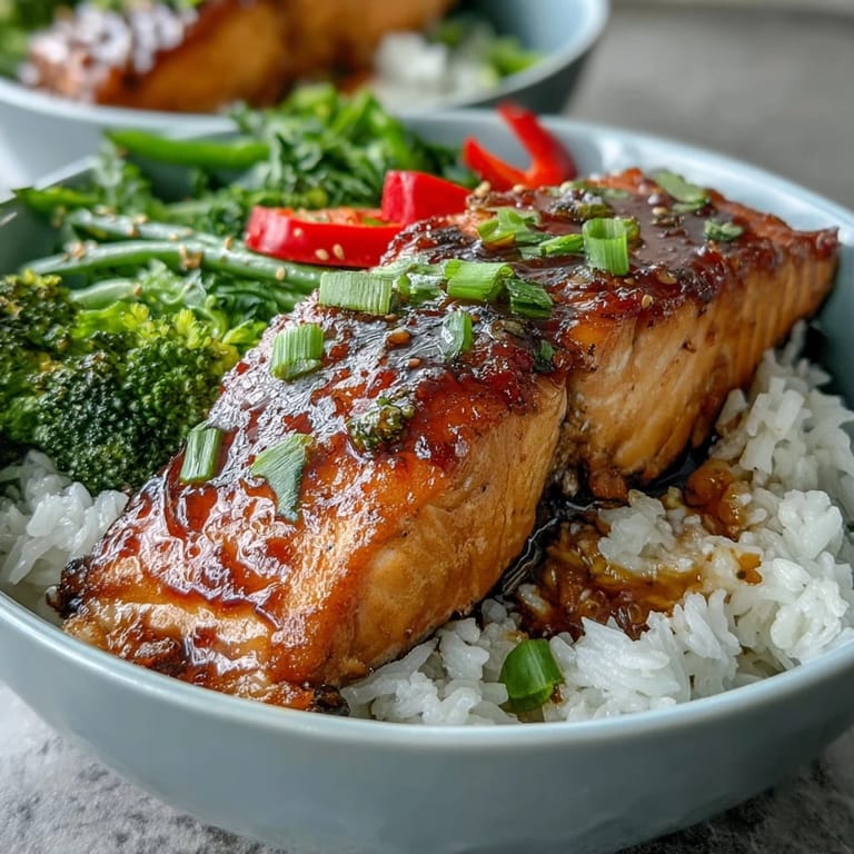 Glazed teriyaki salmon fillet rests atop steamed rice beside colorful stir-fried broccoli, carrots, and peppers.  