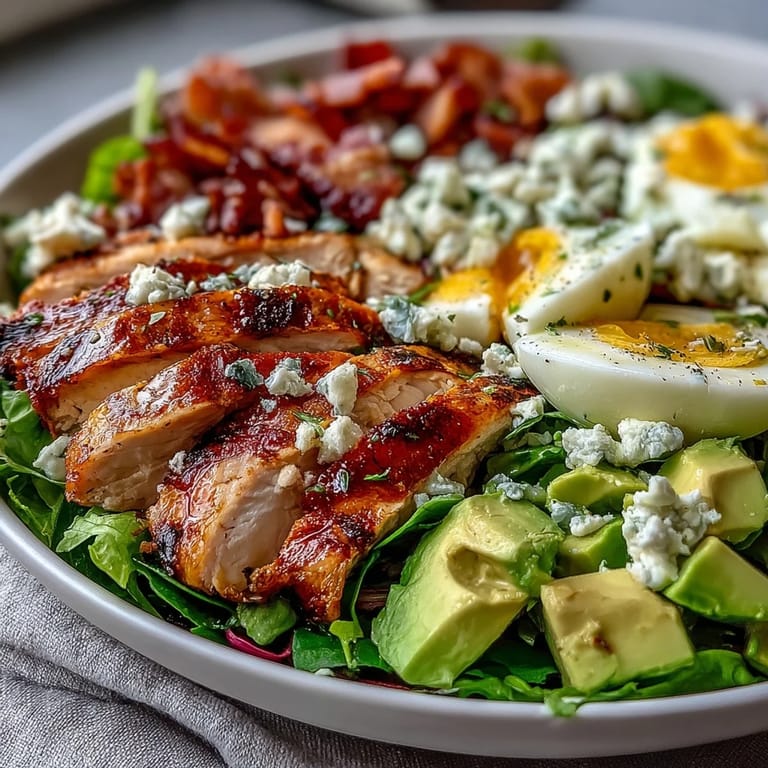 Classic American Cobb Salad Bowl served on a bed of mixed greens with red onion, perfect for a light lunch.