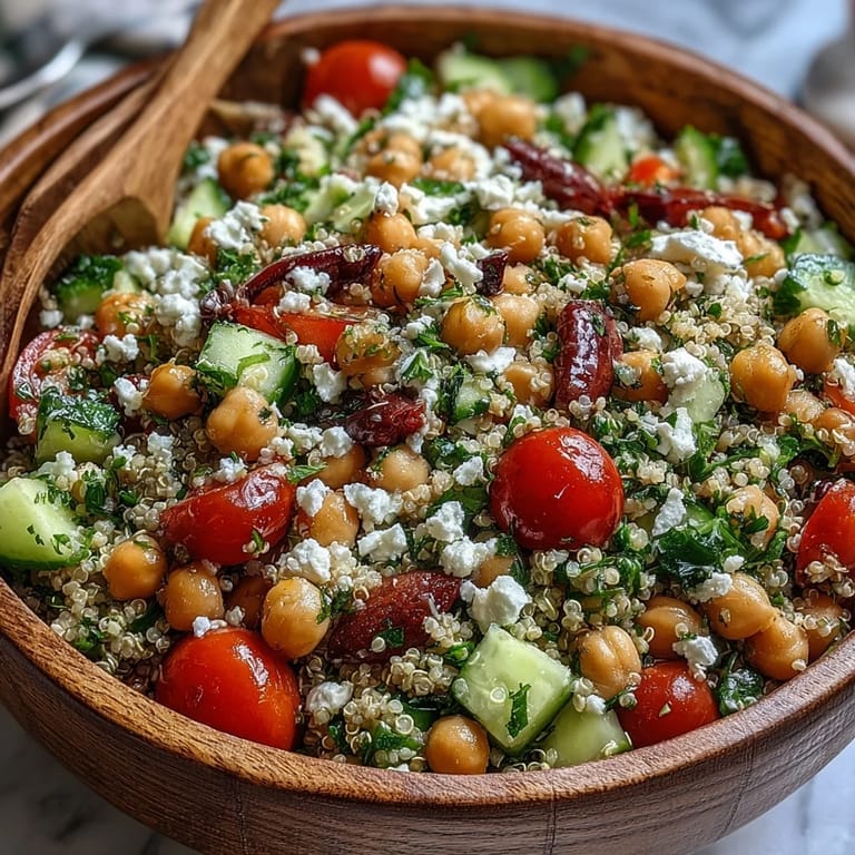 Vibrant Mediterranean-inspired High Protein Quinoa & Chickpea Salad tossed with lemon and olive oil, ready to serve.