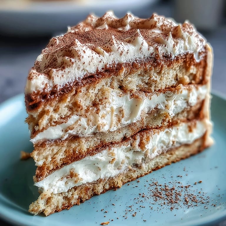 A rustic slice of Fluffy Hojicha Cake topped with hojicha powder and caramelized hazelnuts on a dark plate.