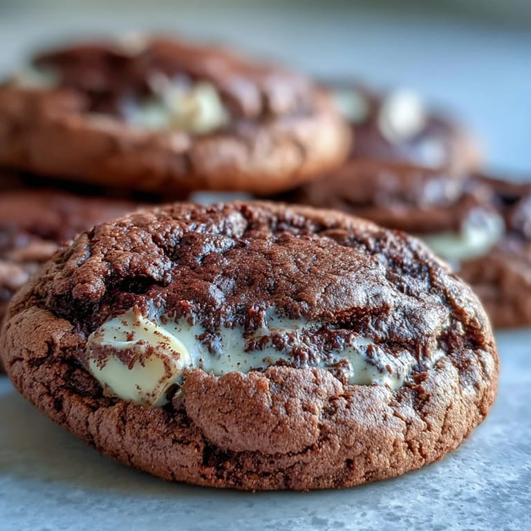 A close-up of Hojicha Brownie Cookies revealing gooey white chocolate chunks and the warm, roasted tea color. 