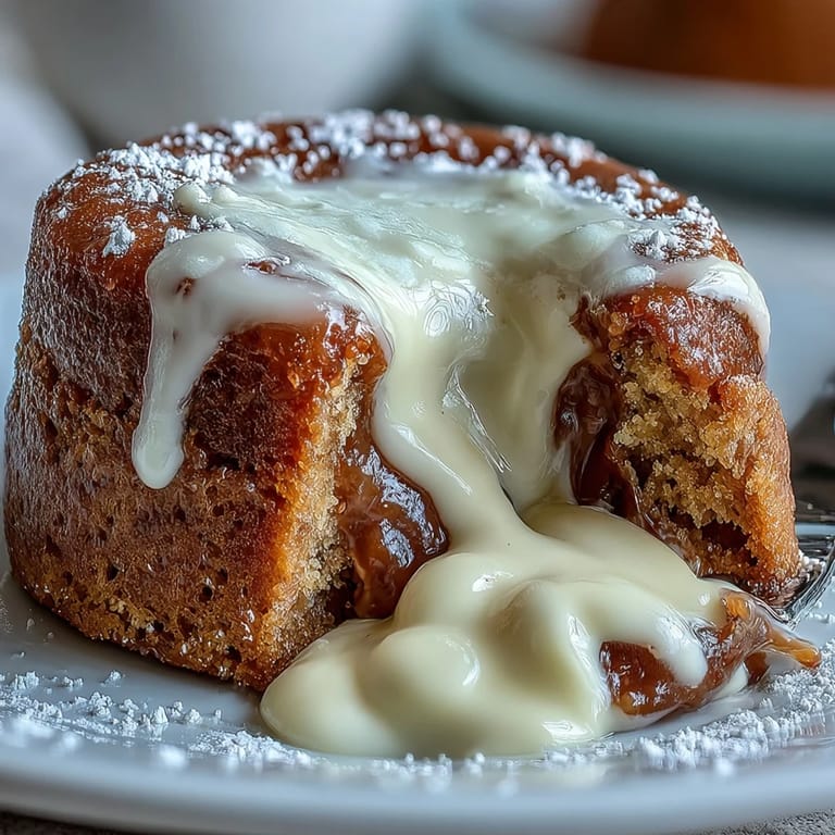 A freshly baked Hojicha White Chocolate Lava Cake is dusted with powdered sugar next to fresh raspberries.