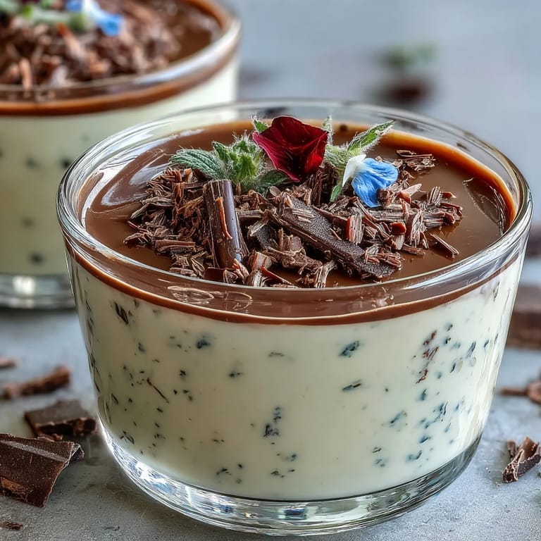 Japanese-Italian Hojicha Panna Cotta dessert with edible flowers on a rustic table.