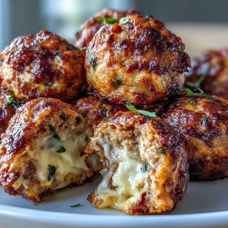 A close-up view of cheesy Rotel Sausage Balls, highlighting bits of spicy tomato and green chili.