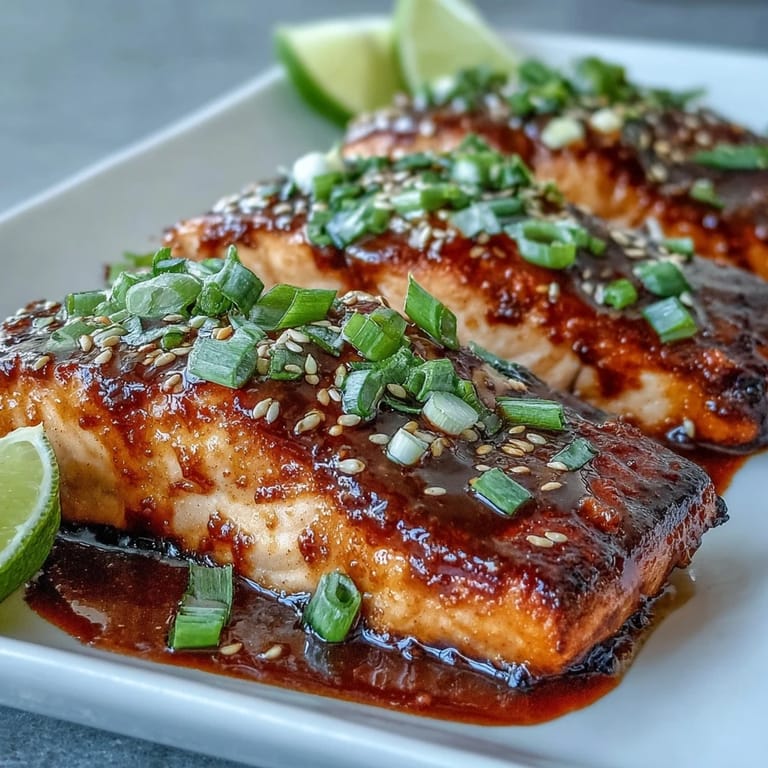 Close-up of pan-seared Bang Bang Salmon with a crispy edge, drizzled in vibrant orange sauce and fresh lime wedges for a zesty finish.  