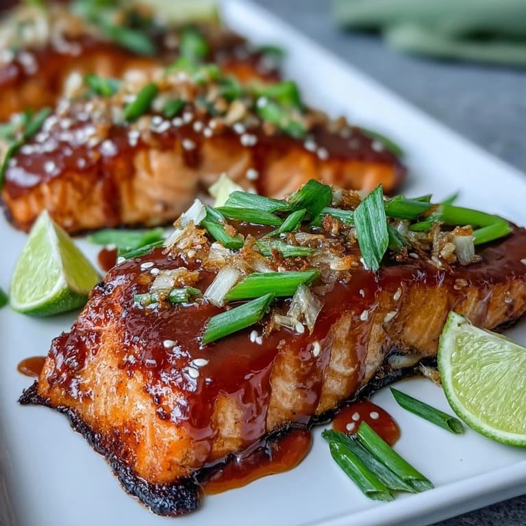 Grilled Bang Bang Salmon served over jasmine rice, topped with chopped scallions and a sprinkle of sesame seeds, ready for a weeknight dinner.
