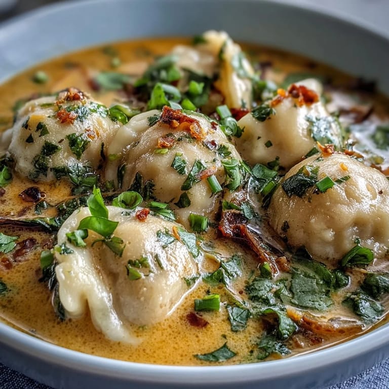 Tender vegan dumplings swim in creamy coconut curry broth with aromatic vegetables, perfect for a cozy meal.