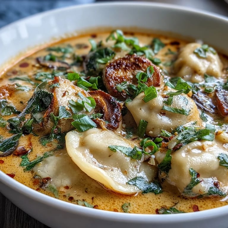 Quick Coconut Curry Soup with Dumplings ladled from a pot, finished with scallions, cilantro, and crunchy garlic.