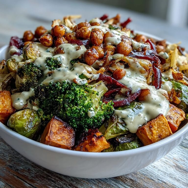 A close-up of the plant-based Roasted Veggie & Chickpea Bowls shows the caramelized edges on the vegetables and the glistening dressing.  