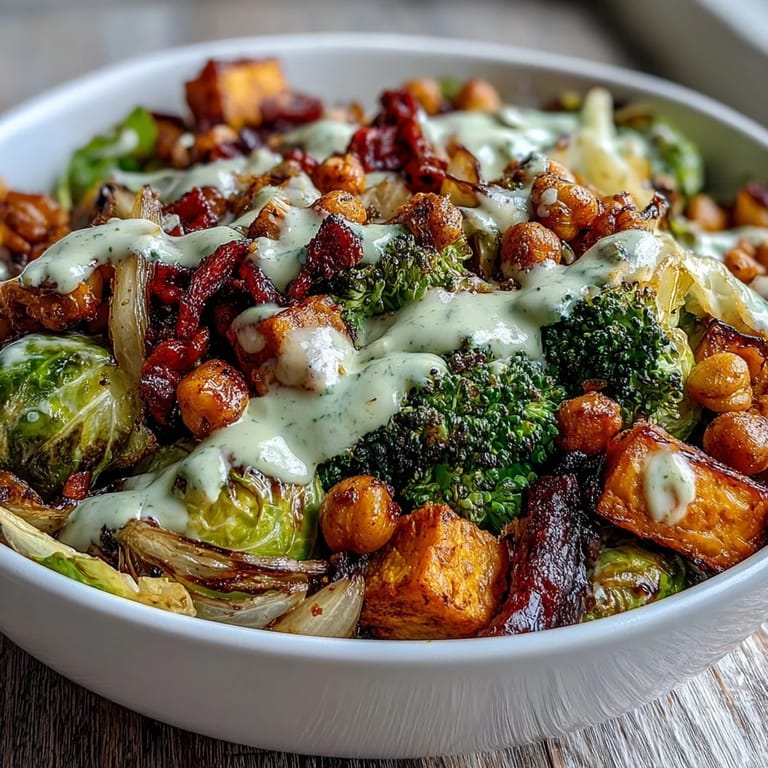 Serving suggestion for the Roasted Veggie & Chickpea Bowls: the vibrant meal prep dish is garnished with fresh greens and served beside a small bowl of extra sauce.