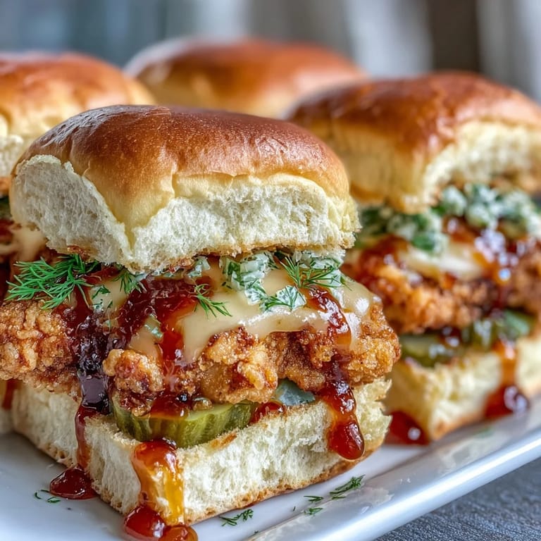 A close-up view of a cheesy Spicy Honey Butter Chicken Sandwich Bake with crispy chicken, pickles, and sesame-topped buns ready to serve.