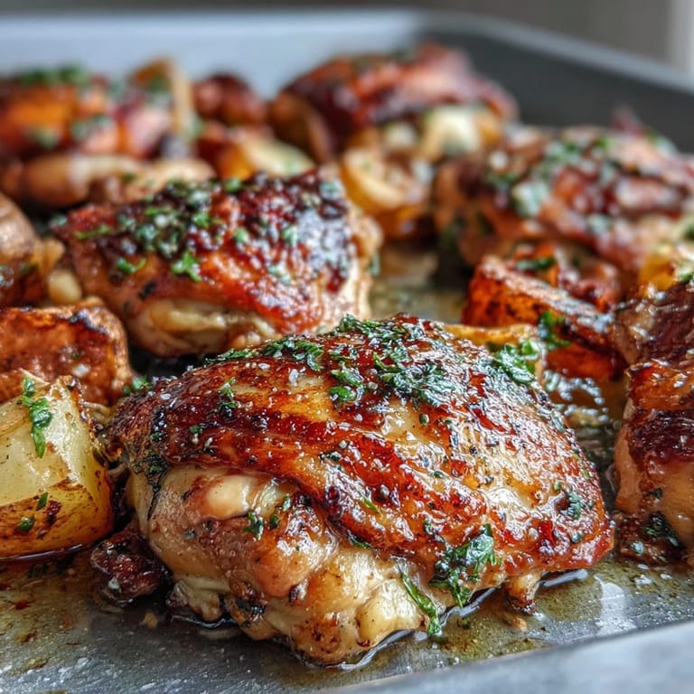Juicy, bone-in chicken thighs glazed with ranch seasoning share a tray with caramelized potatoes and carrots.