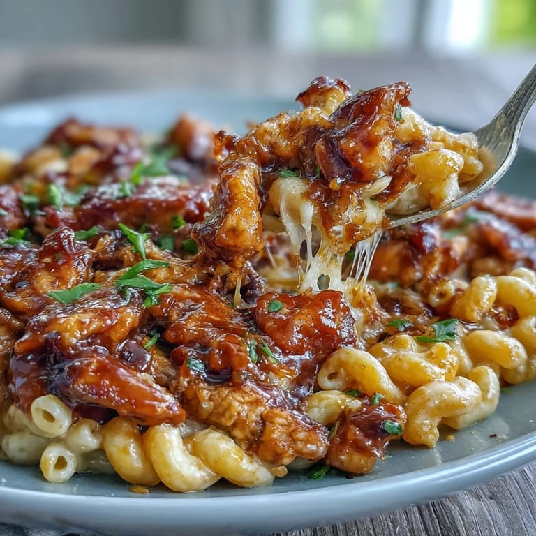 Tender elbow macaroni coated in velvety three-cheese sauce topped with sticky honey BBQ chicken and fresh green scallions. 