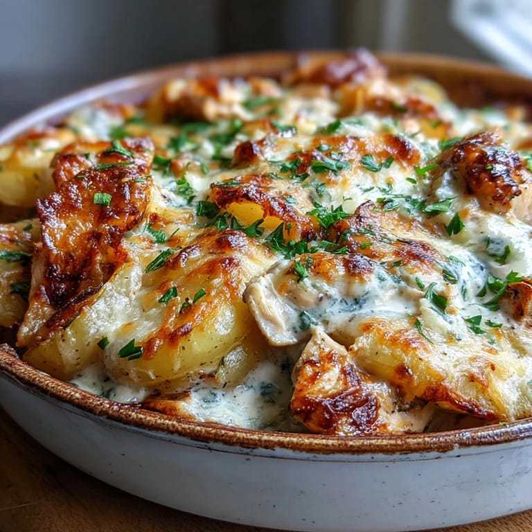 A spoon serves a generous portion of Creamy Ranch Chicken Potato Bake, revealing creamy layers of potato, chicken, and onions.