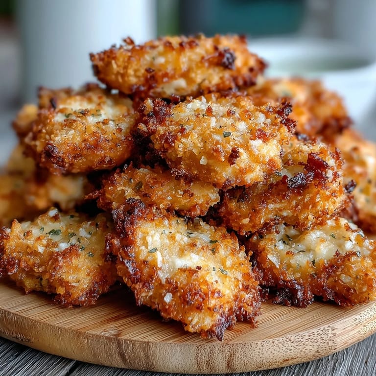 Asiago Panko Chicken Bites served on a wooden platter with creamy dipping sauces, ready for a party snack.