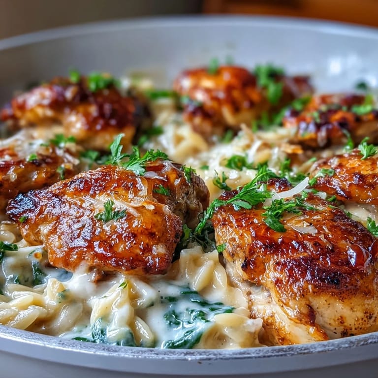 One-Pot Creamy Garlic Parmesan Chicken Orzo served in a bowl, paired with a crisp salad and white wine.