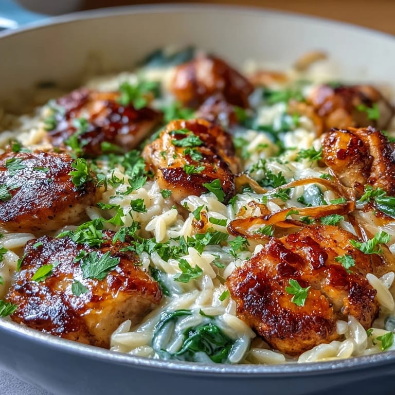 A close-up of One-Pot Creamy Garlic Parmesan Chicken Orzo showing tender chicken, creamy sauce, and wilted spinach.