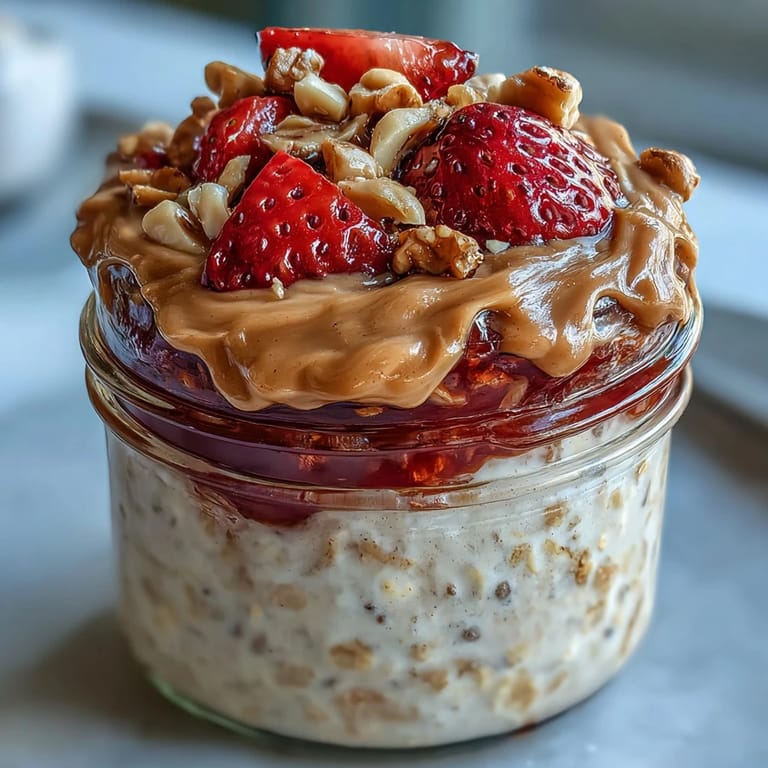 A spoon scoops into High-Protein Peanut Butter & Jelly Overnight Oats topped with sliced strawberries.