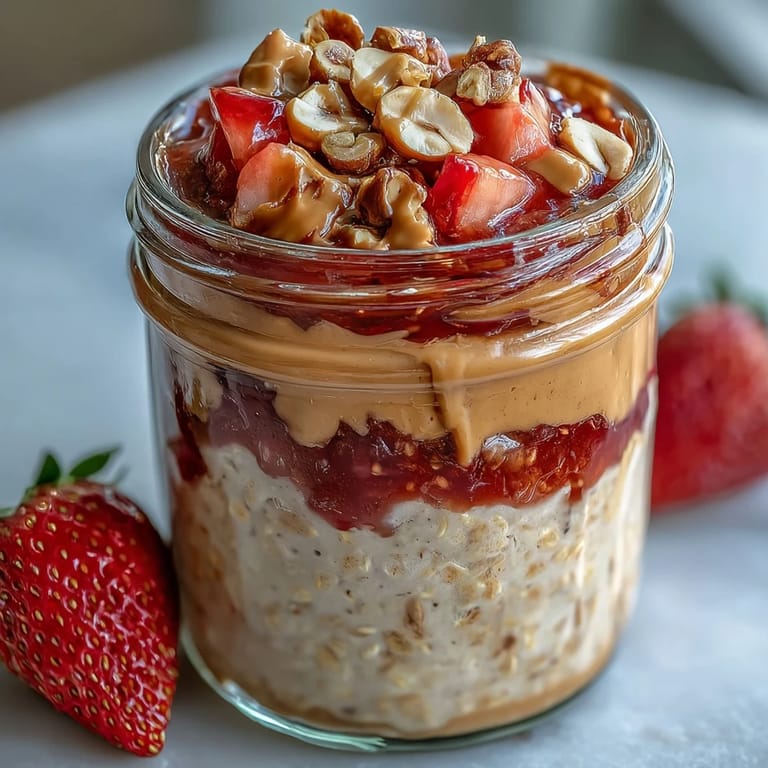 Close-up of layered High-Protein Peanut Butter & Jelly Overnight Oats with peanut butter drizzle and crushed peanuts.