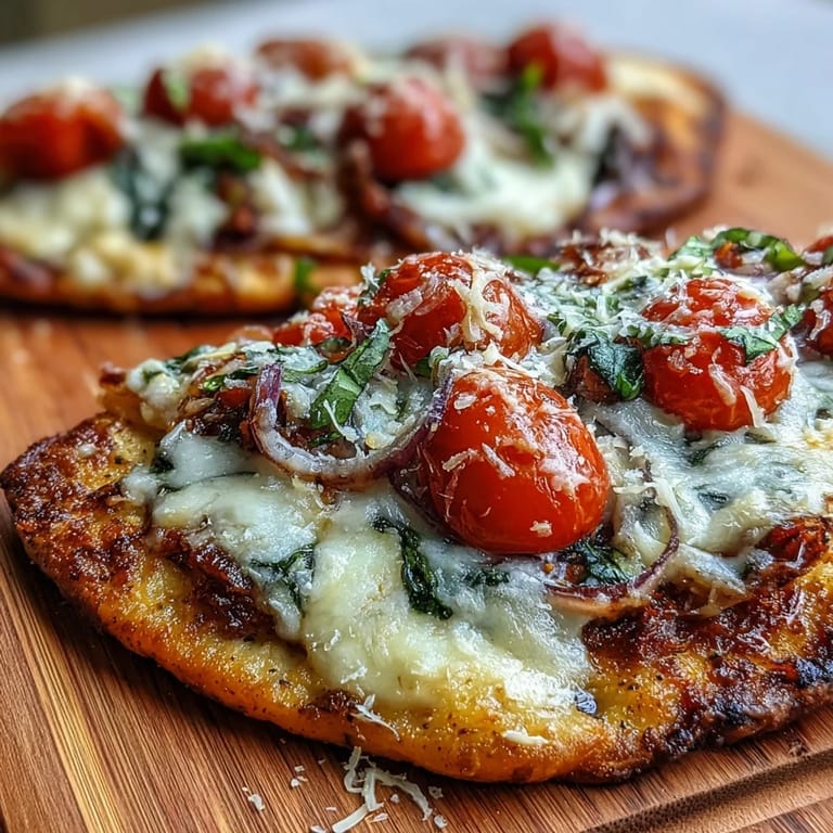 Crispy Garlic Parmesan Naan Pizza topped with spinach, red onion, and fresh basil served on a rustic wooden board.
