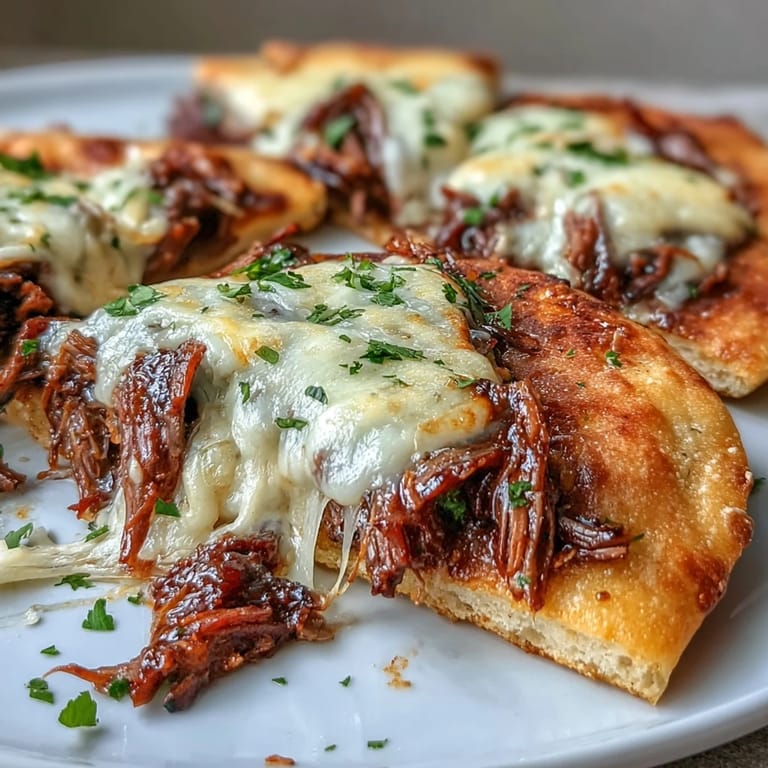 Savory pot roast nestled in fluffy garlic naan with mozzarella, parsley garnish, and rich jus for dipping.