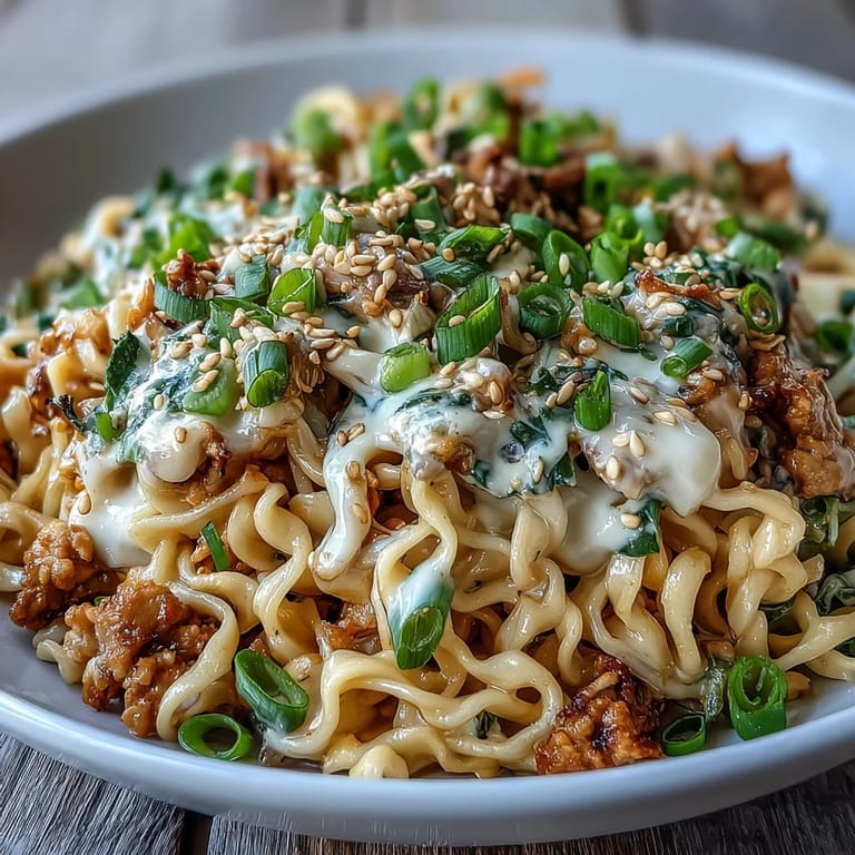 Garnished Creamy Potsticker Noodle Stir-Fry with scallions, sesame seeds, and chili crisp next to chopsticks on a rustic table