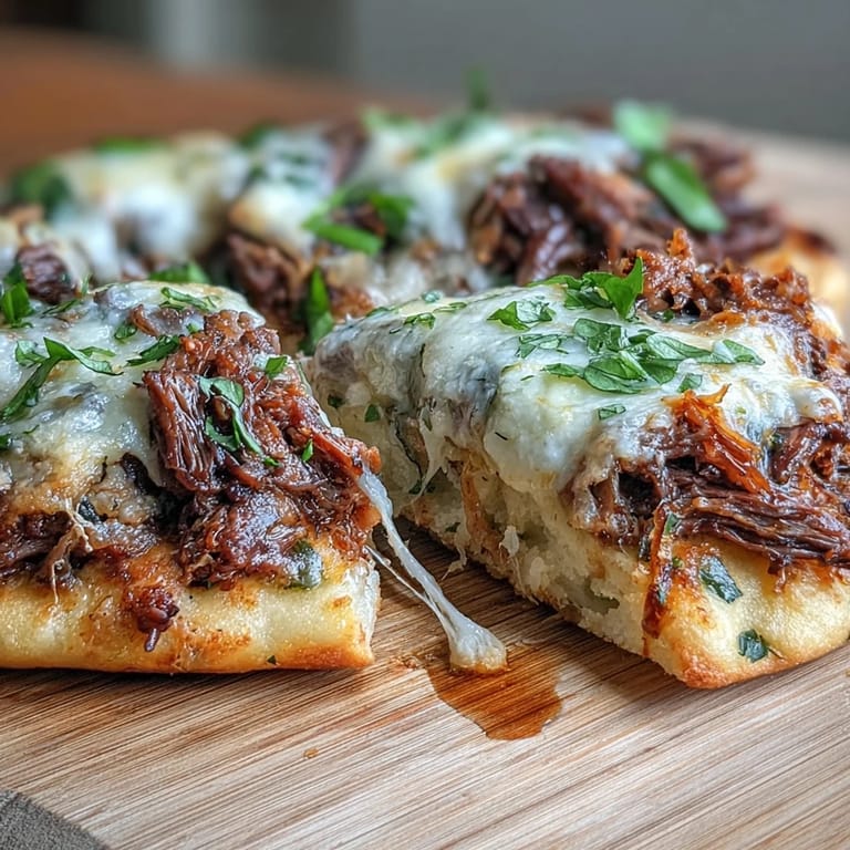 Golden-brown folded naan filled with tender beef and gooey cheese, with a small bowl of savory dipping jus on the side.