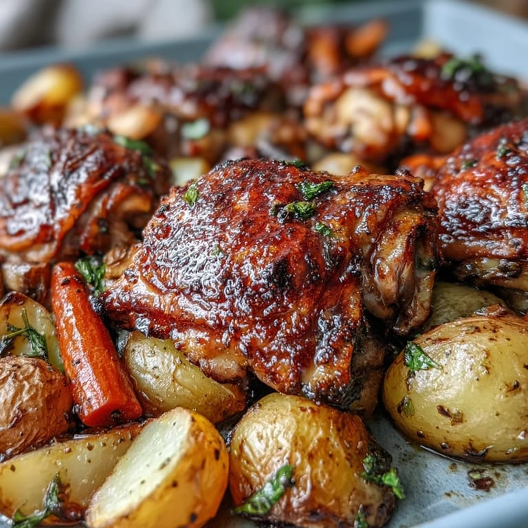 Sizzling roasted chicken thighs and caramelized carrots sit beside golden potatoes on a parchment-lined sheet pan, garnished with parsley.