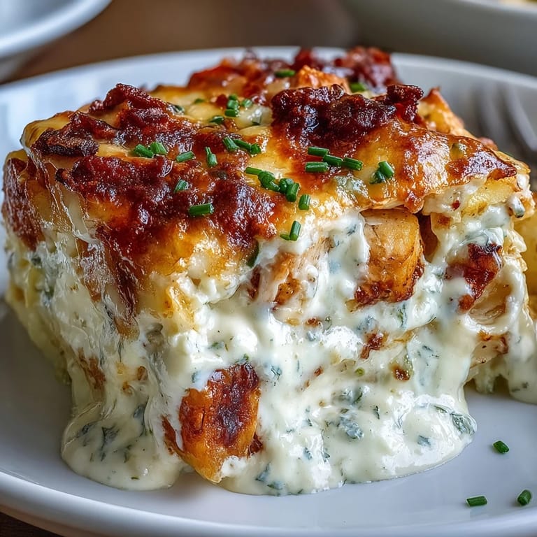 Fresh chives sprinkle over the Creamy Ranch Chicken Potato Bake, with a scoop served on a white plate.
