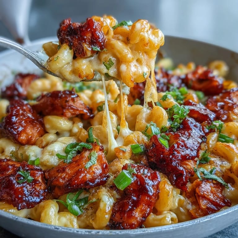 Overhead view of a single-pan Sticky Honey BBQ Chicken Pasta Skillet, highlighting the sticky glaze on juicy chicken nestled in cheesy pasta.