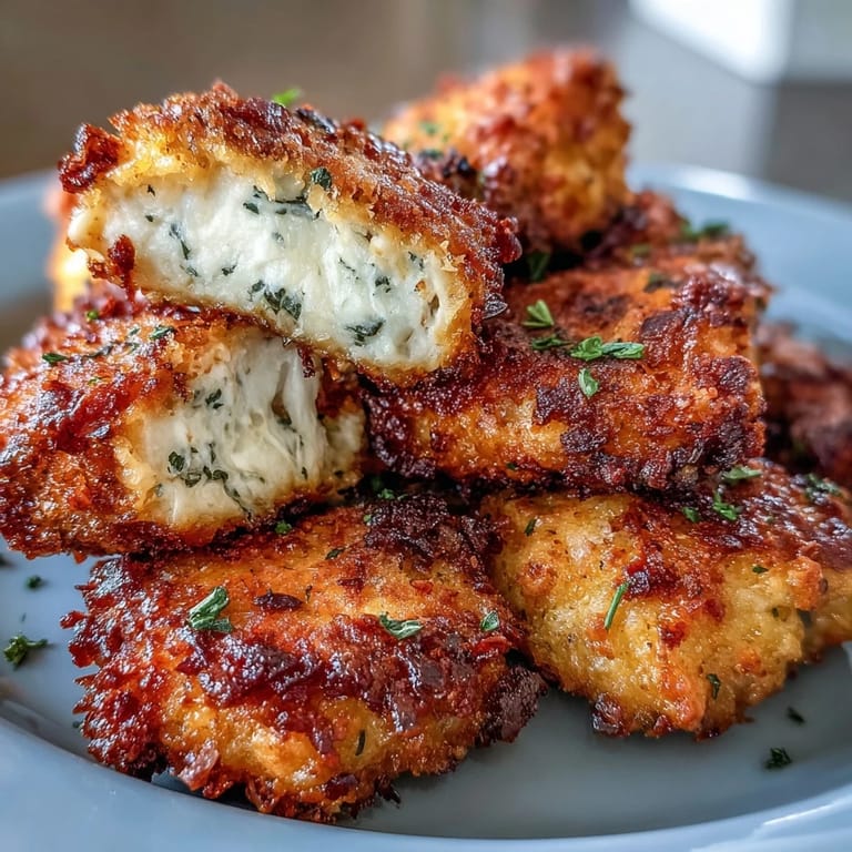 Crispy, golden Asiago Panko Chicken Bites served fresh from the oven on a rustic wooden serving board. 