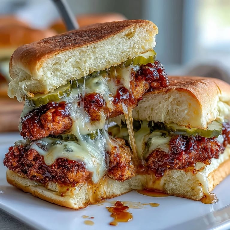 Crispy baked chicken tenders smothered in spicy hot honey butter, layered with pickles and cheese inside soft slider buns.