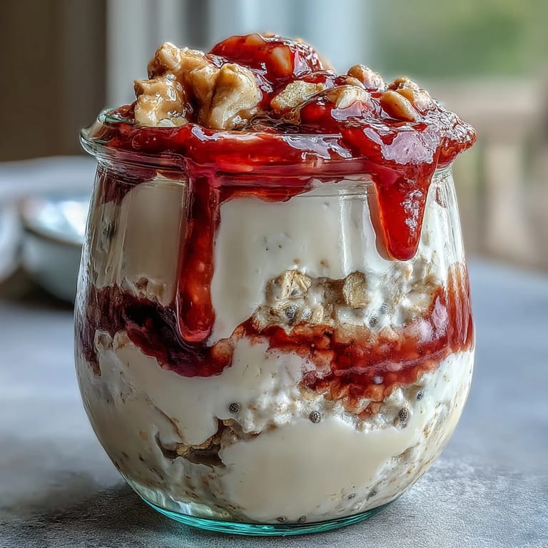 Close-up of High-Protein Peanut Butter & Jelly Overnight Oats, showing thick Greek yogurt texture and a rich peanut butter layer.