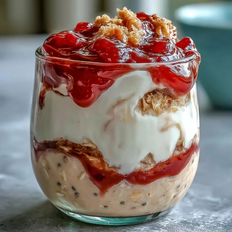 Overhead view of High-Protein Peanut Butter & Jelly Overnight Oats topped with fresh strawberries and chopped peanuts, ready to serve.