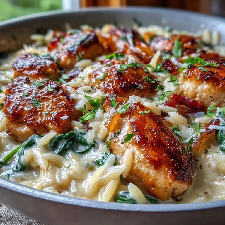 Spoon serving a hearty bowl of One-Pot Creamy Garlic Parmesan Chicken Orzo paired with a crisp green salad for an easy family meal.
