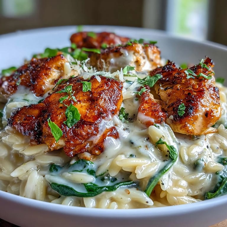 A close-up of One-Pot Creamy Garlic Parmesan Chicken Orzo reveals melted Parmesan, fresh parsley garnish, and steam rising from the rich sauce.