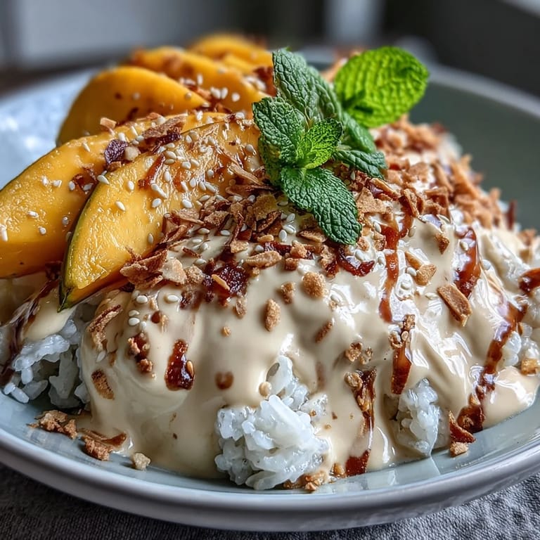 Tropical vegan mango sticky rice breakfast bowls topped with fresh mango slices and toasted coconut flakes for crunch.  