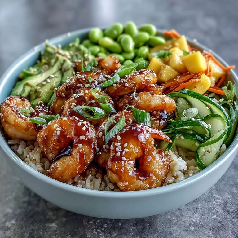 Fresh shrimp, juicy mango, and crisp vegetables arranged over brown rice, creating a vibrant and satisfying poke bowl bursting with flavor.