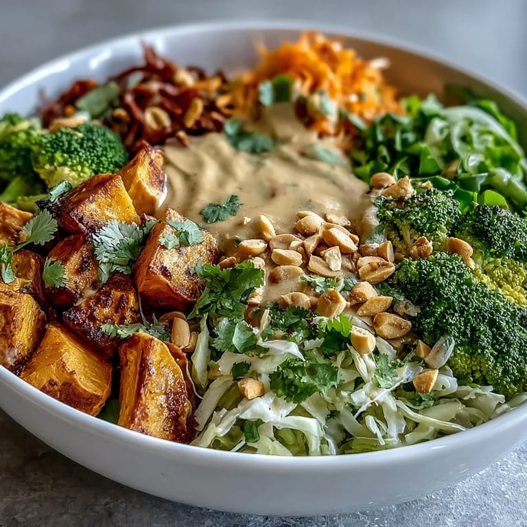 Vibrant Buddha bowl featuring roasted sweet potatoes, fresh vegetables, and rich Thai peanut sauce, ideal for plant-based meal prep and quick dinners.