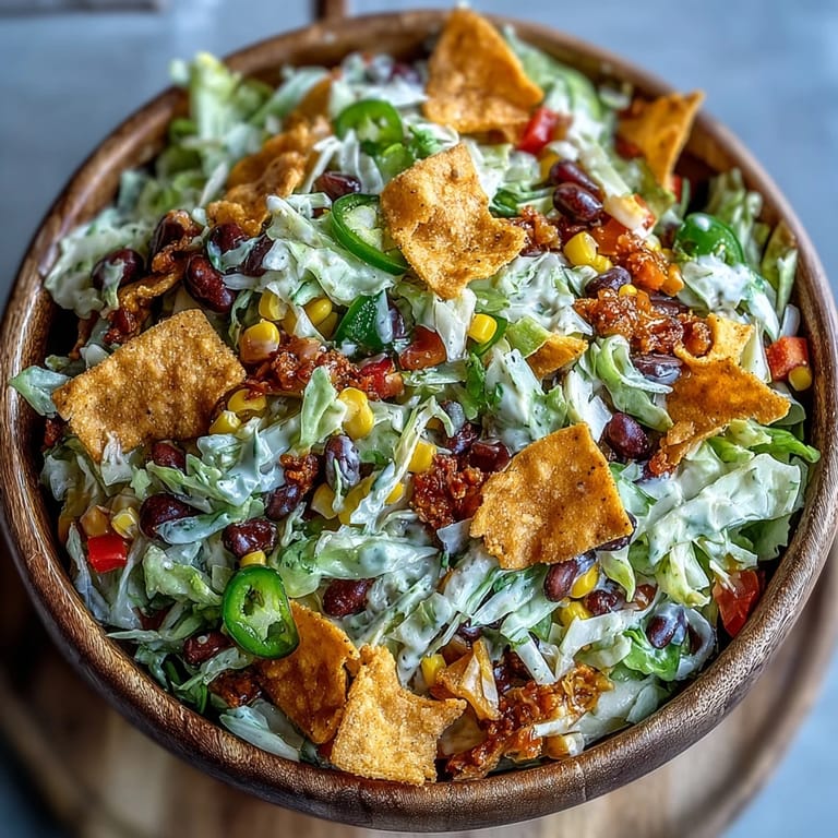Vibrant cabbage salad loaded with colorful vegetables, black beans, and spicy chipotle dressing, topped with Chili Cheese Fritos for irresistible crunch.