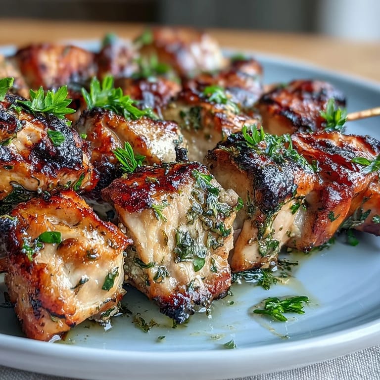 Zesty lemon and herb marinated chicken skewers served hot off the grill alongside a creamy, homemade tzatziki dipping sauce.