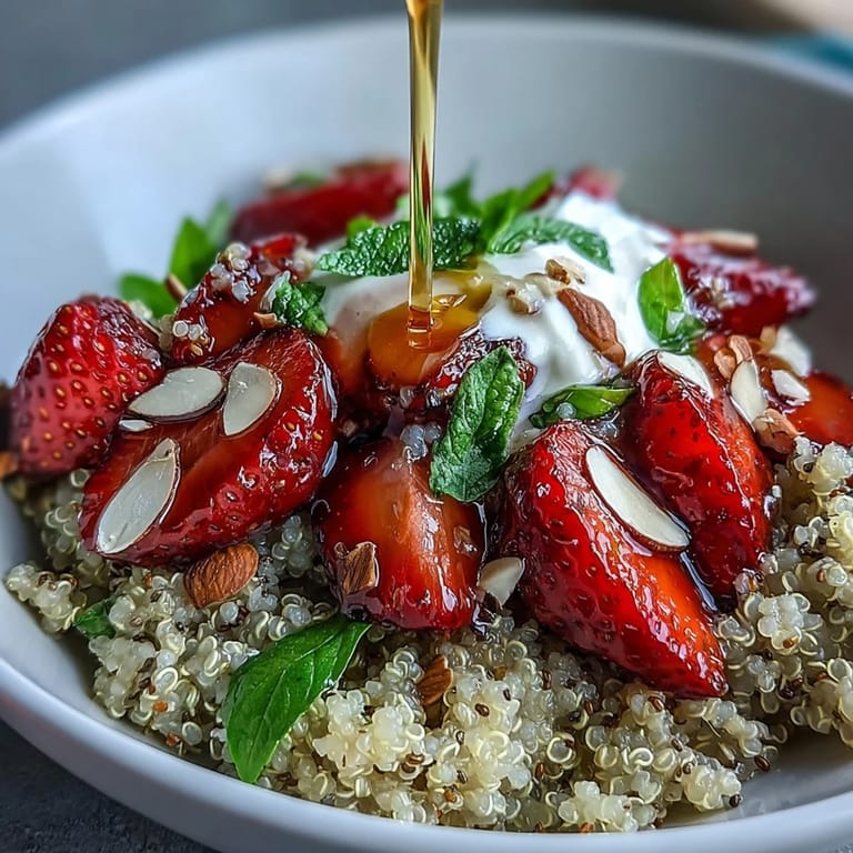 Fluffy quinoa mixed with juicy strawberries and sliced basil, finished with creamy plant-based yogurt and crunchy almonds.  