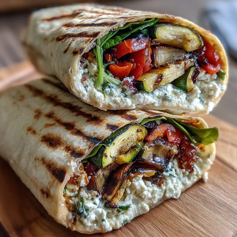 Colorful, charred grilled vegetables layered with hummus and feta in a whole wheat tortilla, bursting with Mediterranean flavor and wholesome ingredients.  
