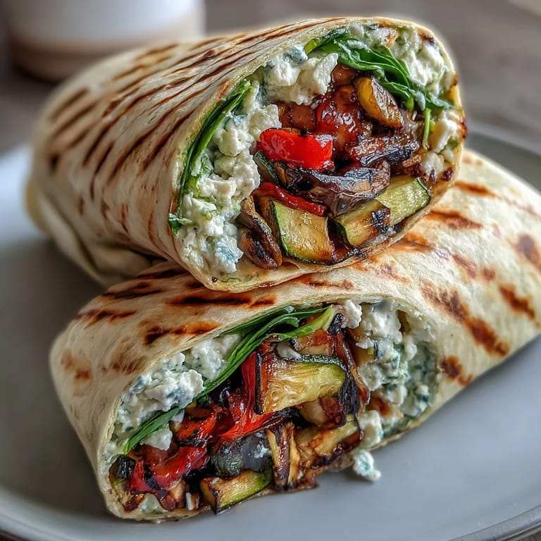 Warm whole wheat wrap filled with smoky grilled zucchini, peppers, and onions, topped with creamy hummus, feta, and fresh spinach for a satisfying vegetarian lunch.