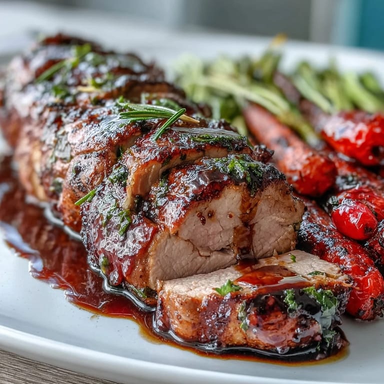 Easy honey balsamic pork tenderloin with rainbow carrots, roasted together for a flavorful and visually stunning main dish.