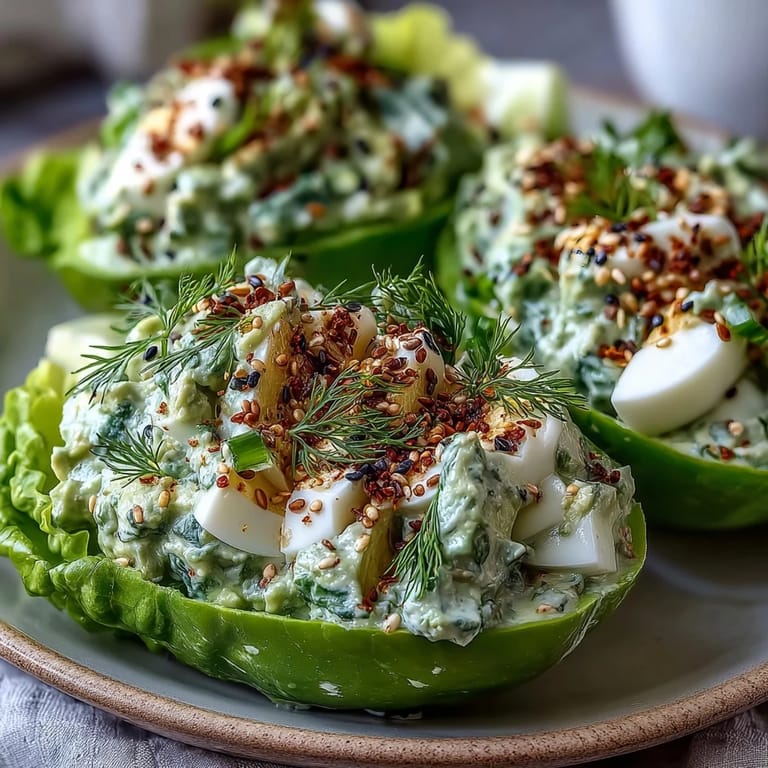 Easy Keto Avocado Egg Salad Lettuce Boats: Enjoy this vibrant, protein-rich dish featuring a smooth avocado-egg filling and a sprinkle of everything bagel crunch.